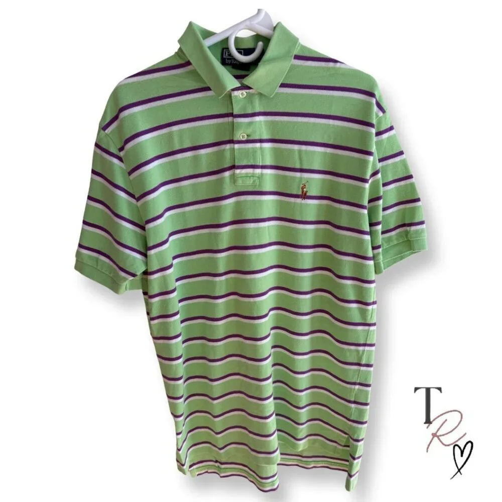 Polo by Ralph Lauren Like New Striped Polo Shirt Green Purple Cotton Size Large